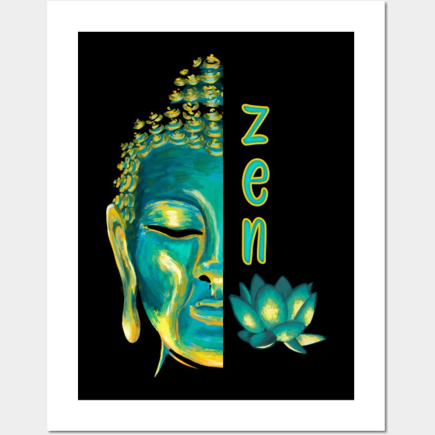 Zen Buddhist Digital Painting Blue & Yellow Buddha Lotus Art Wall Art by Get Hopped Apparel